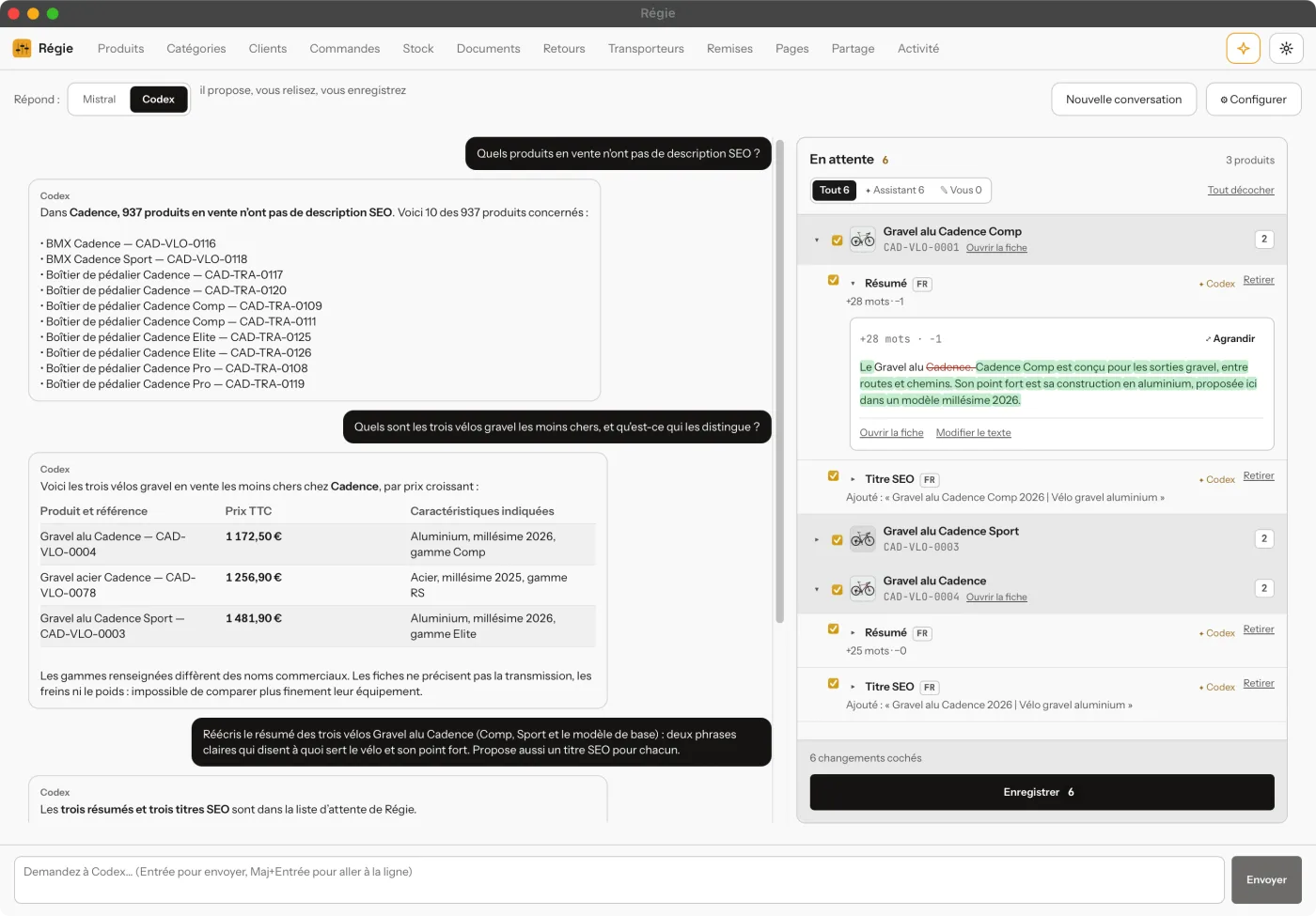 L’écran Assistant de Régie : à gauche les questions posées à Codex et ses réponses, dont un tableau de prix ; à droite la liste d’attente avec six propositions sur trois vélos, le résumé réécrit montré mot à mot, et le bouton Enregistrer.
